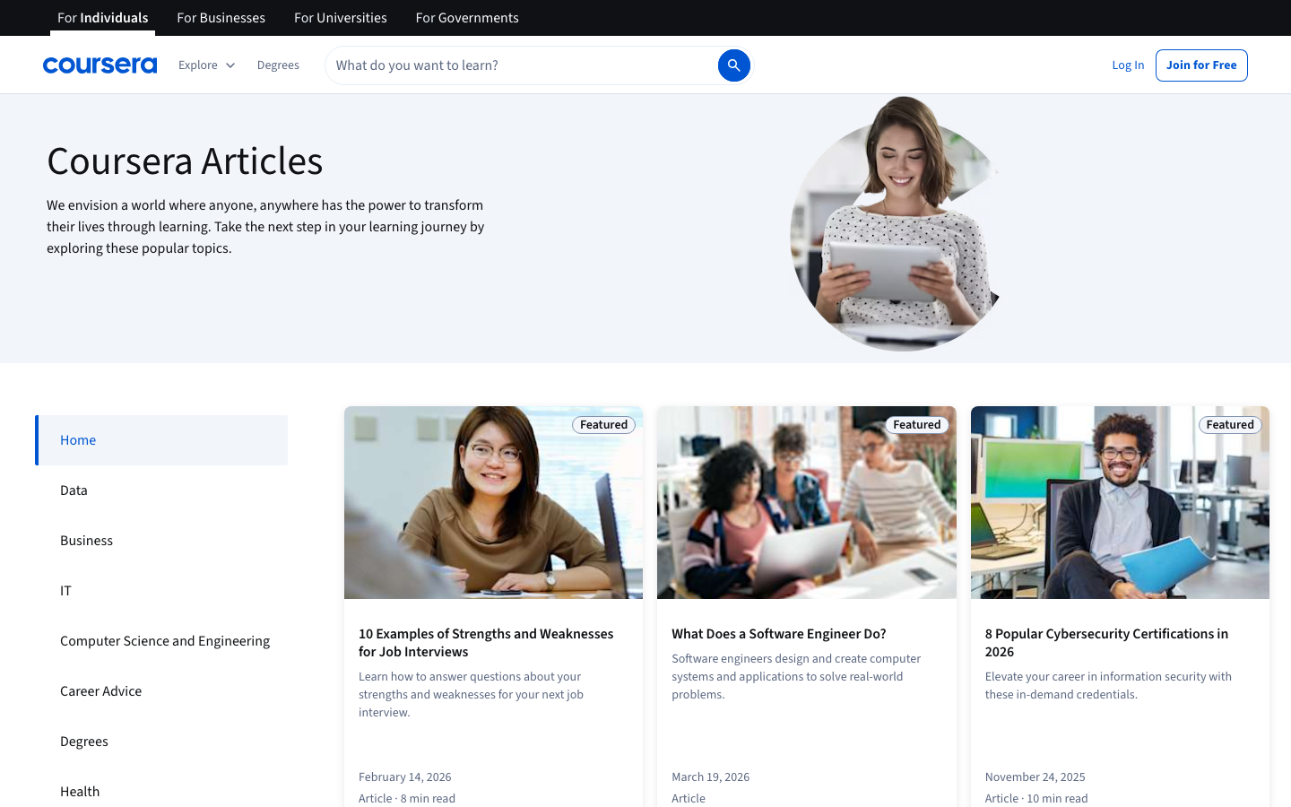 The page uses a clean, grid-based layout with a focus on clear hierarchy. Typography is straightforward and functional, prioritizing readability and a sense of organized information. The color palette is restrained, relying on blues, whites, and accents of orange for calls to action. · online learning, education platform, course catalog, ai courses, developer courses, professional development, tech education, learning platform, coursera, digital skills