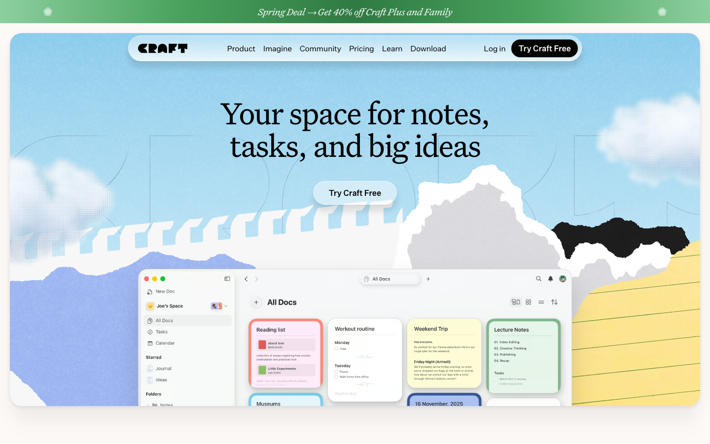 The layout prioritizes clarity and ease of navigation with a clean, grid-based structure. Whitespace is generous, and the color palette is restrained, emphasizing content hierarchy and a sense of calm efficiency. · saas landing page, productivity app, minimalist design, developer tools, clean interface, workspace design, notes app, task management, craft design