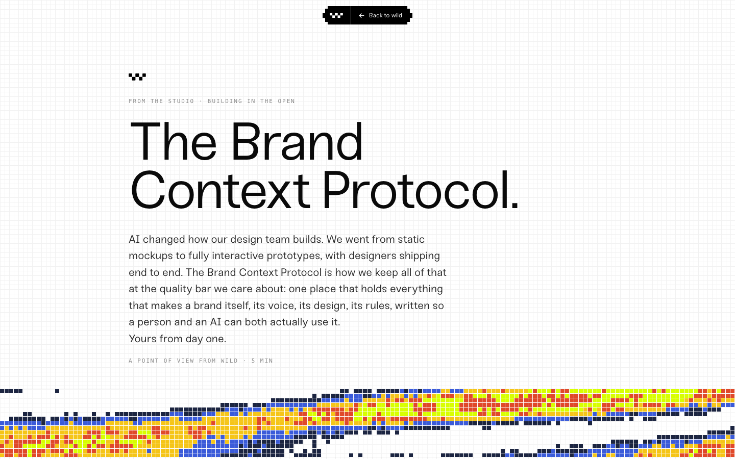 A stark, grid-backed layout utilizing heavy sans-serif typography and a high-contrast monochrome palette. The bottom of the page is anchored by a distorted, pixelated color band that breaks the rigid minimalism. · swiss design, grid layout, technical typography, brutalist ai page, minimalist agency blog, pixel art accent
