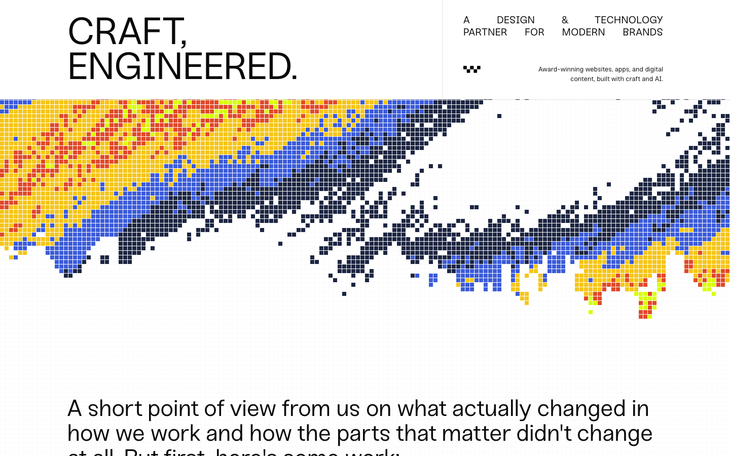 High-contrast Swiss-inspired layout featuring heavy sans-serif typography and a generative pixel-art wave. The composition relies on extreme white space and a rigid grid for a technical, engineered feel. · swiss design agency, pixel art hero, minimalist typography, high contrast layout, technical agency landing page
