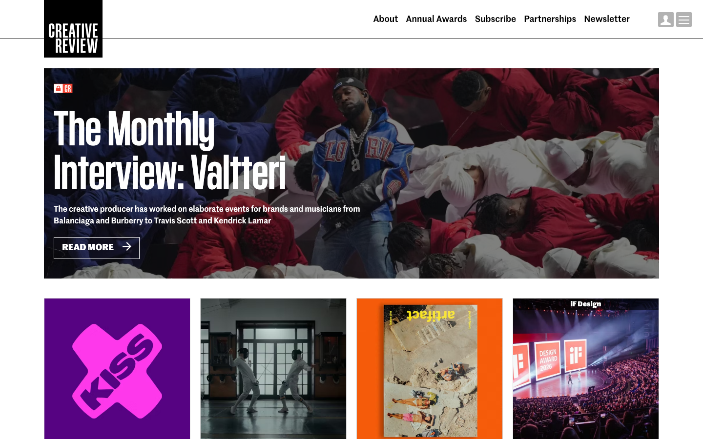 The page prioritizes a striking visual introduction with a full-bleed image, establishing a strong editorial presence. Clean typography and ample negative space contribute to a sense of considered presentation, avoiding visual clutter. · creative review, music industry, interview page, editorial design, magazine website, full screen image, minimalist layout, dark background, typography focused