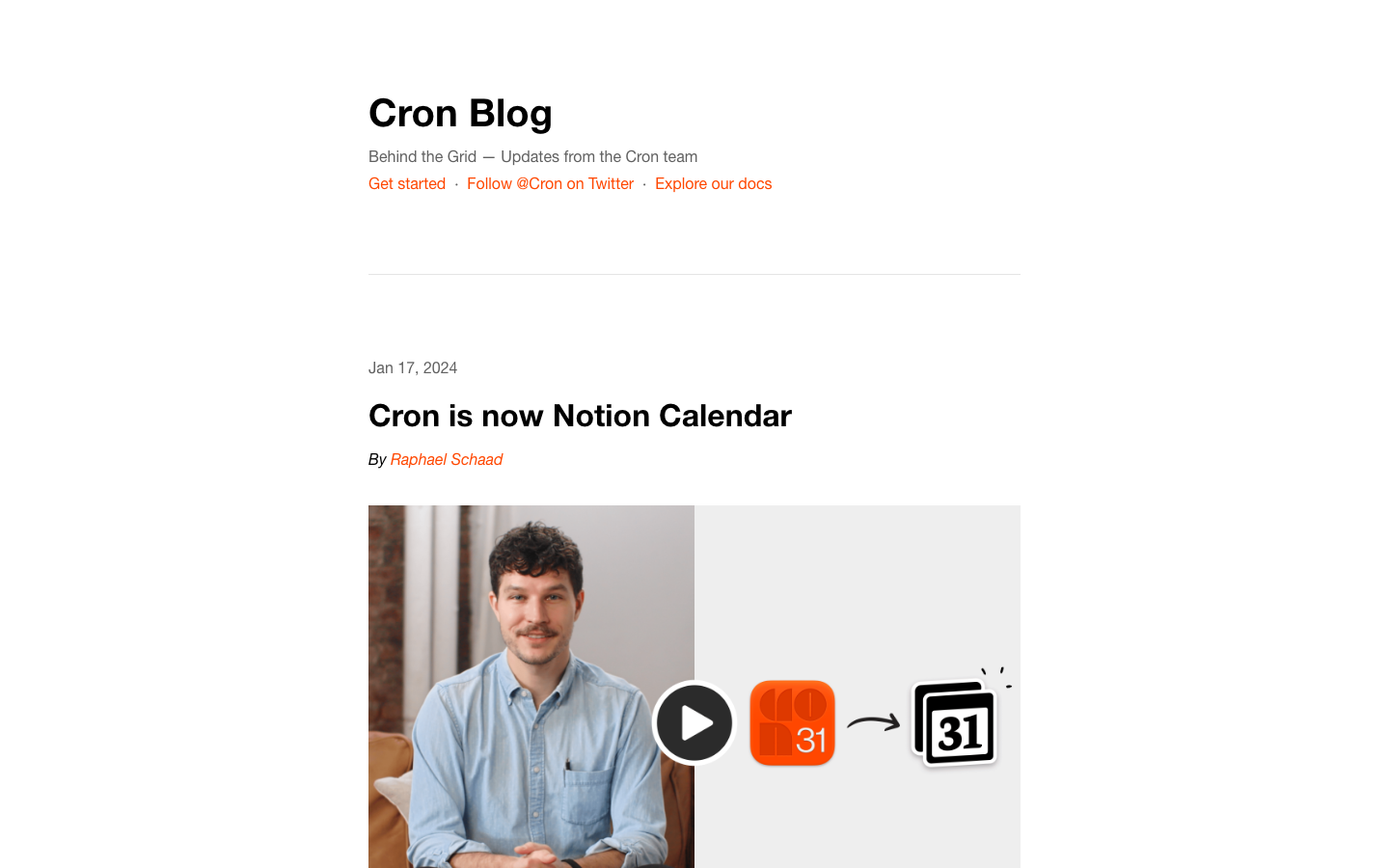 Cron — Blog - The page uses a stark contrast of white text against a dark background, emphasizing clarity and functionality. The layout is split, with a prominent hero section showcasing the product and a glimpse of the interface below.  ·  dark saas, minimalist calendar, developer tools, technical website, split screen, dark interface, cron calendar, productivity app, modern design, saas landing page