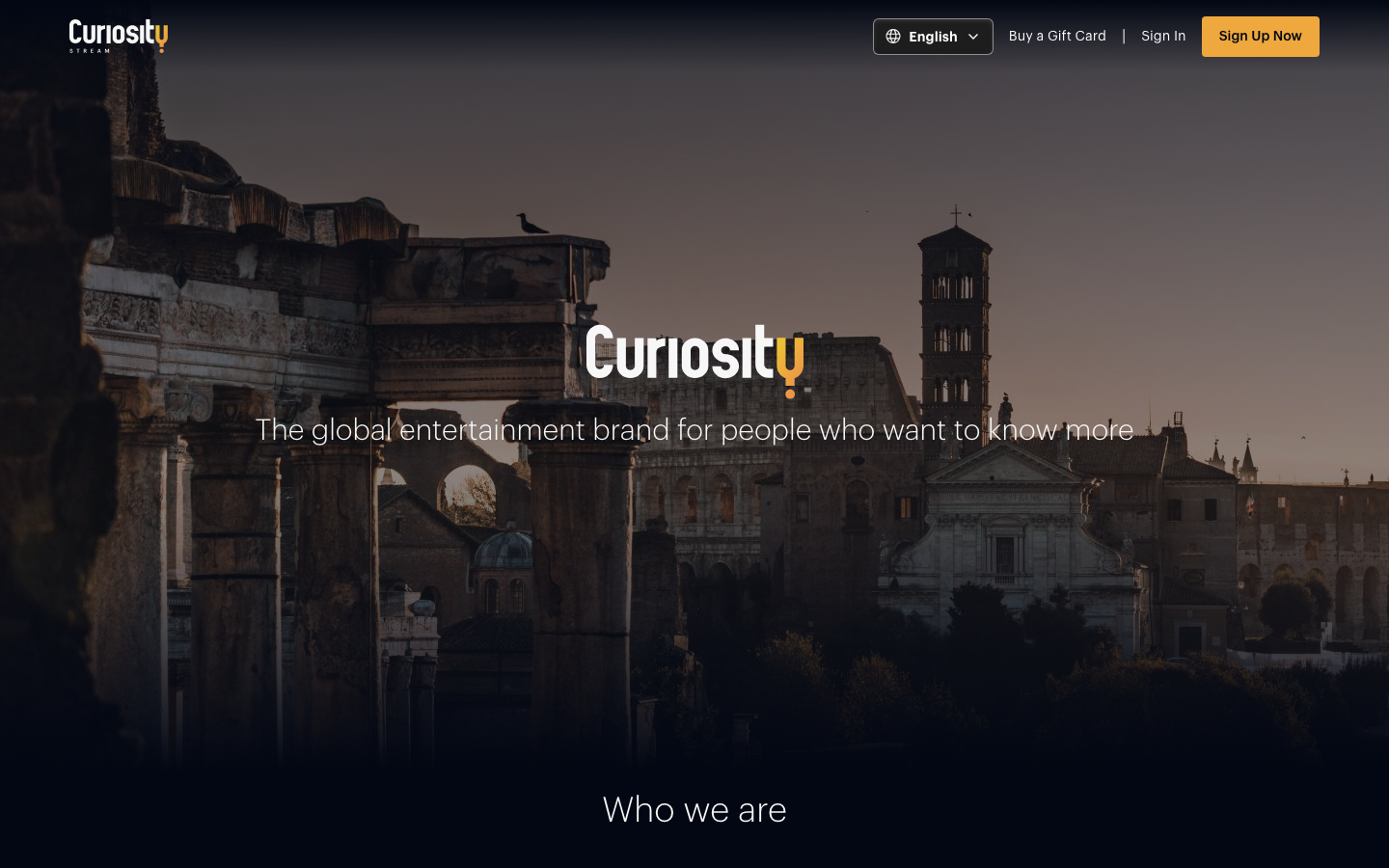 The layout prioritizes visual discovery through a grid of diverse imagery, creating a sense of curated content. The color palette is muted and sophisticated, allowing the visuals to take center stage. · documentary streaming, educational content, film streaming, curiosity stream, video platform, online learning, streaming service