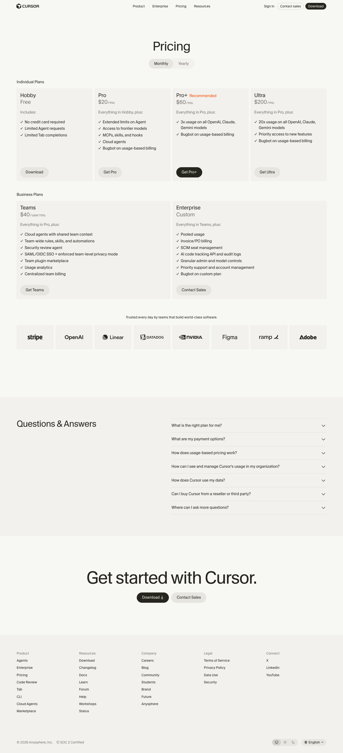 Cursor — Pricing - full page scroll