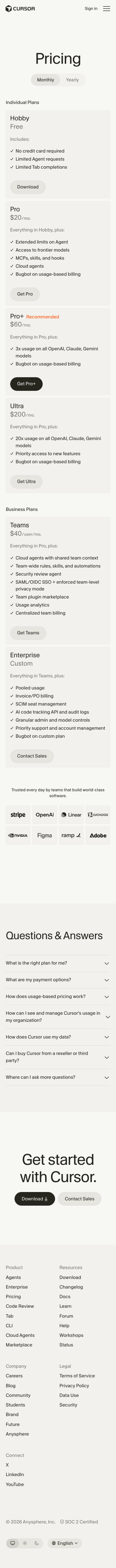 Cursor — Pricing - mobile full page
