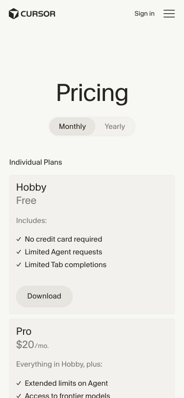 Cursor — Pricing - mobile
