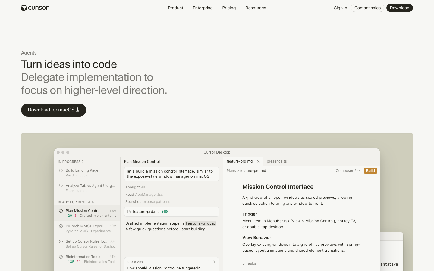 The page prioritizes functionality and clarity through a stark, dark aesthetic. Typography is clean and functional, with a focus on hierarchy and readability. The overall mood is serious and focused on the product's capabilities. · dark saas, developer tools, ai tools, code editor, minimalist saas, technical website, cursor ai, productivity tools, dark ui, coding platform
