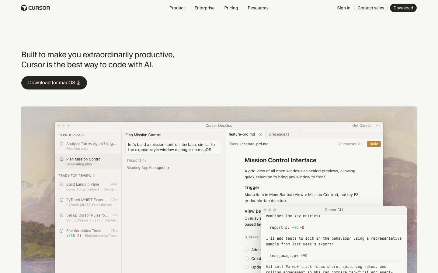 The page prioritizes functionality and clarity through a stark, dark aesthetic. Typography is clean and functional, with a focus on hierarchy and readability. The overall mood is serious and focused on the product's capabilities. · dark saas, developer tools, ai tools, code editor, minimalist saas, technical website, cursor ai, productivity tools, dark ui, coding platform