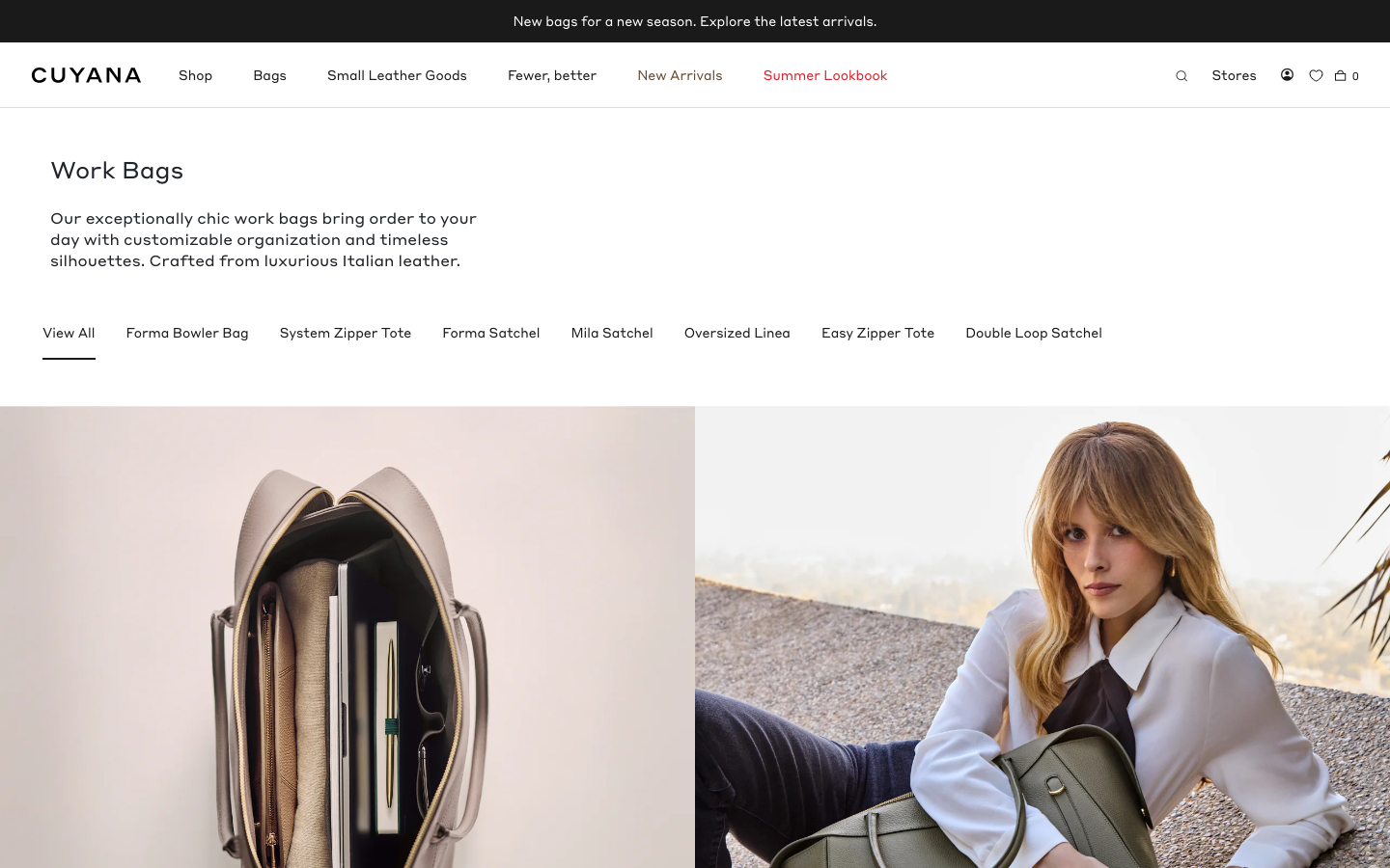 The layout prioritizes product imagery with a clean, airy feel. The composition uses negative space to highlight the items, creating a sense of understated luxury. The color palette is soft and muted, evoking a feeling of natural elegance. · minimalist ecommerce, luxury bag, spring fashion, gift guide, pastel colors, product photography, cuyana, soft aesthetic