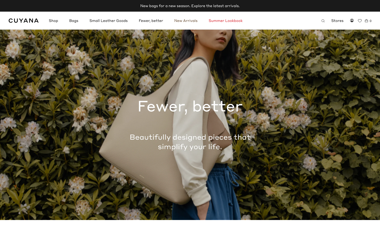 The layout prioritizes product imagery with a clean, airy feel. The composition uses negative space to highlight the items, creating a sense of understated luxury. The color palette is soft and muted, evoking a feeling of natural elegance. · minimalist ecommerce, luxury bag, spring fashion, gift guide, pastel colors, product photography, cuyana, soft aesthetic