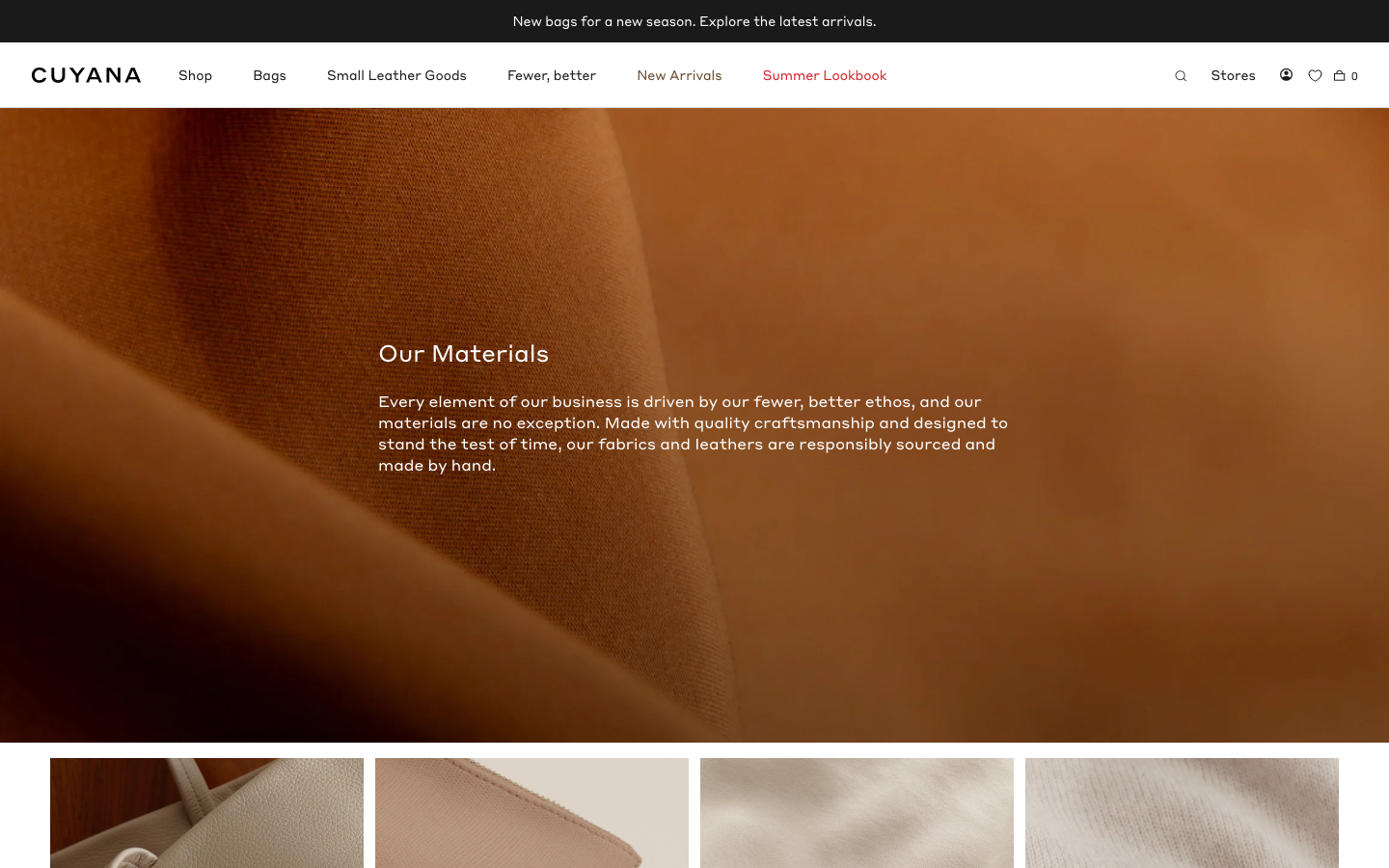 The layout prioritizes product imagery with a clean, airy feel. The composition uses negative space to highlight the items, creating a sense of understated luxury. The color palette is soft and muted, evoking a feeling of natural elegance. · minimalist ecommerce, luxury bag, spring fashion, gift guide, pastel colors, product photography, cuyana, soft aesthetic