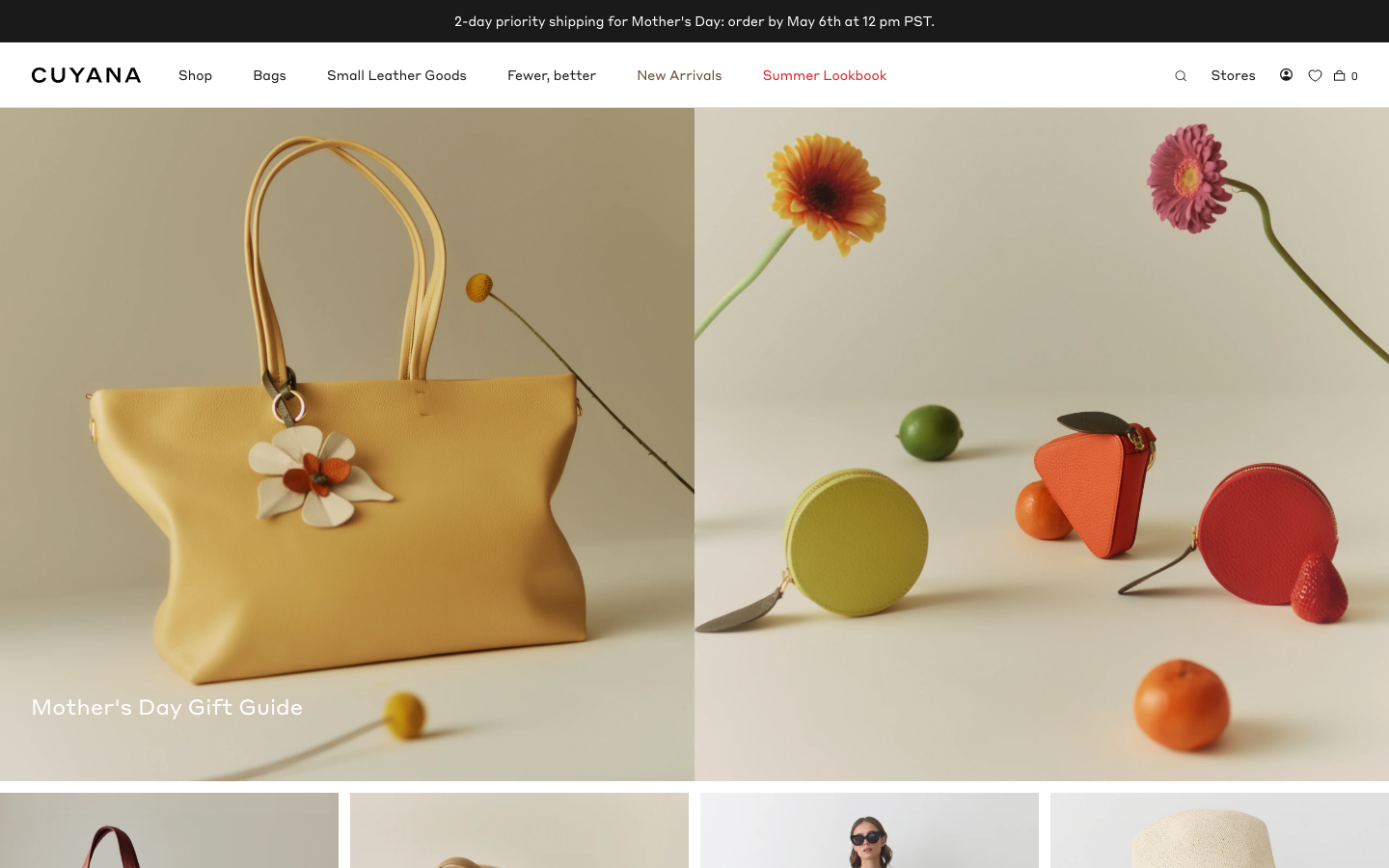 The layout prioritizes product imagery with a clean, airy feel. The composition uses negative space to highlight the items, creating a sense of understated luxury. The color palette is soft and muted, evoking a feeling of natural elegance. · minimalist ecommerce, luxury bag, spring fashion, gift guide, pastel colors, product photography, cuyana, soft aesthetic