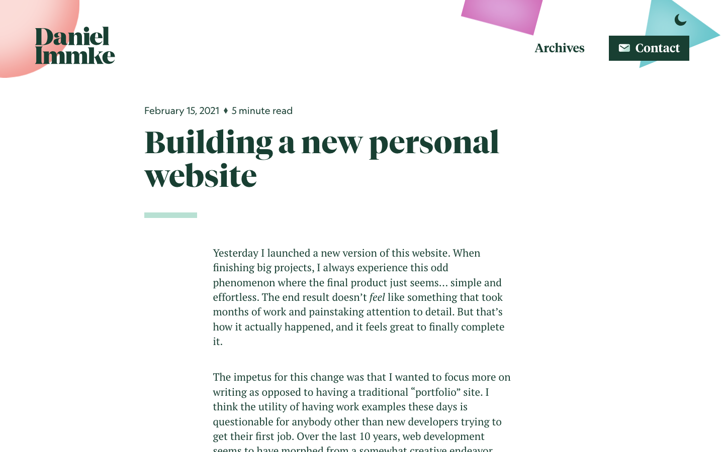 The composition prioritizes clean typography and ample negative space, creating a sense of quiet confidence. The soft, overlapping geometric shapes add a subtle layer of visual interest without disrupting the overall clarity. · portfolio website, minimalist design, type design, editorial portfolio, dark portfolio, geometric shapes, typography focused, creative portfolio