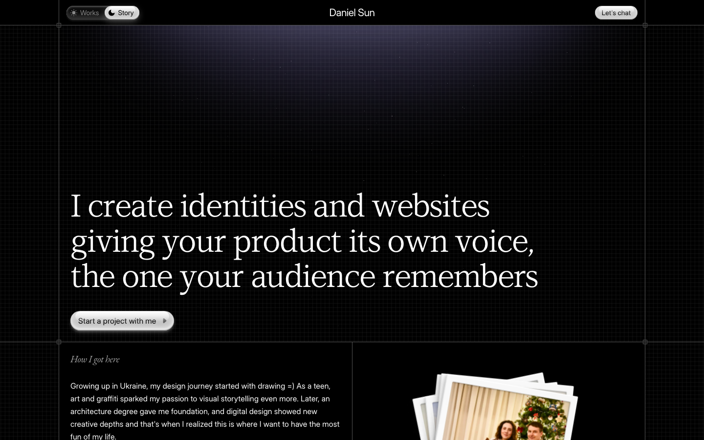 A high-contrast dark interface featuring a subtle blueprint grid background and elegant serif typography. The layout uses generous whitespace and a focused, centered hero statement to establish a professional, architectural mood. · dark mode portfolio, blueprint grid background, serif hero typography, minimalist designer site, architectural layout
