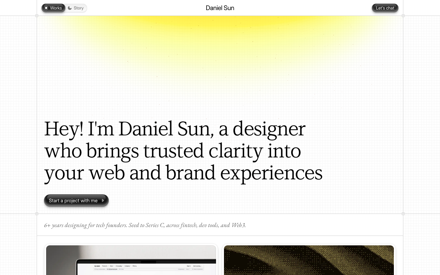 A clean, editorial layout featuring a soft yellow gradient glow and high-contrast serif typography. The design uses a subtle grid background to create a structured, architectural feel. · editorial portfolio, serif hero, minimalist designer site, soft gradient glow, grid background design