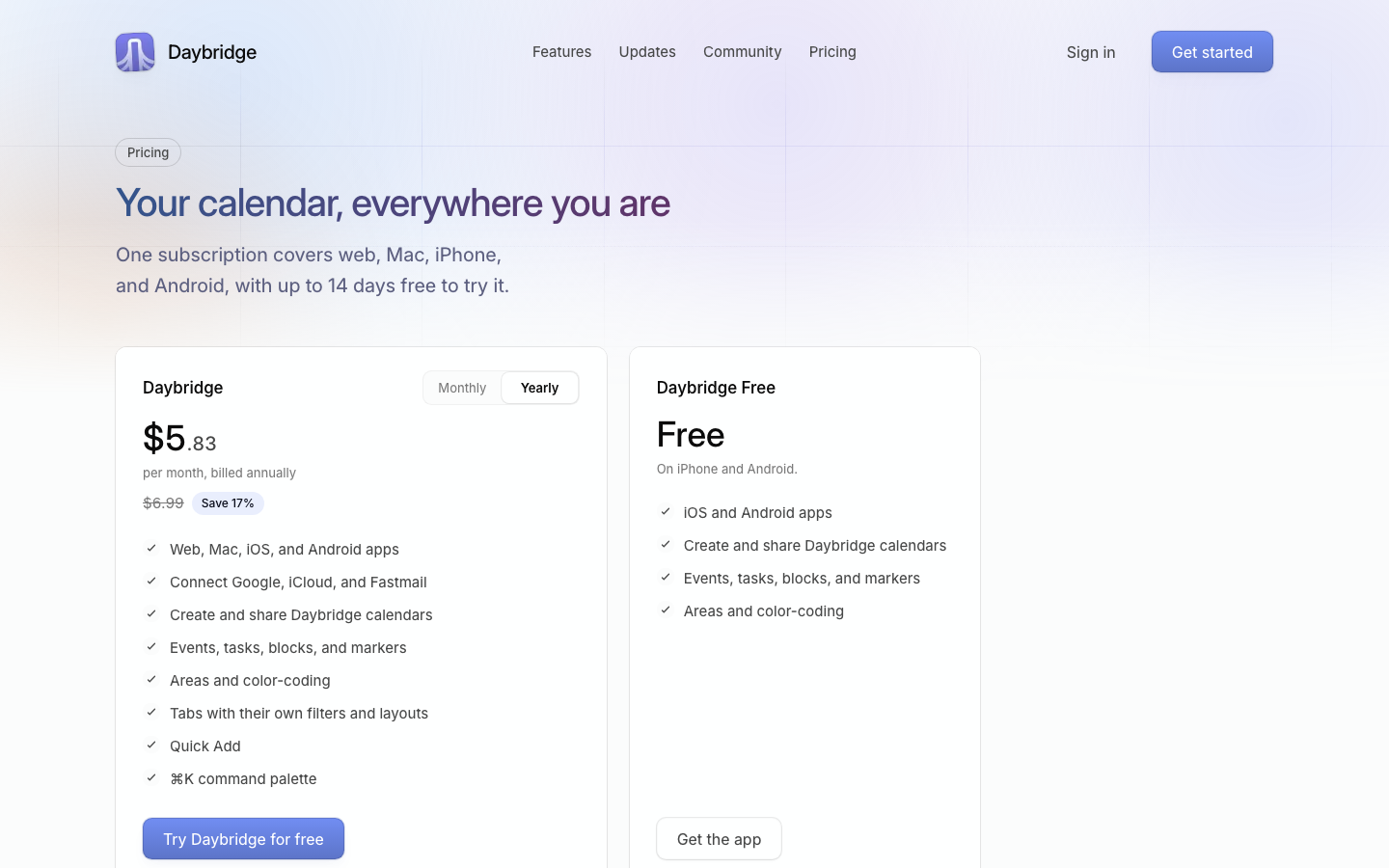 A clean, airy pricing page featuring a soft gradient background and high-contrast white cards. The typography is a balanced sans-serif with generous whitespace and a muted color palette. · saas pricing page, minimalist pricing cards, pastel gradient background, soft ui design, clean consumer tech layout