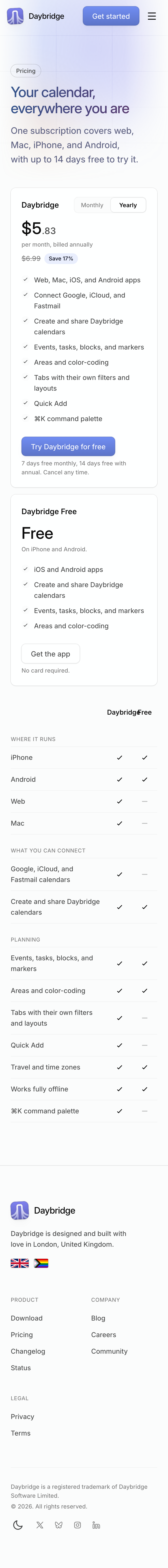 Daybridge · Pricing - mobile full page