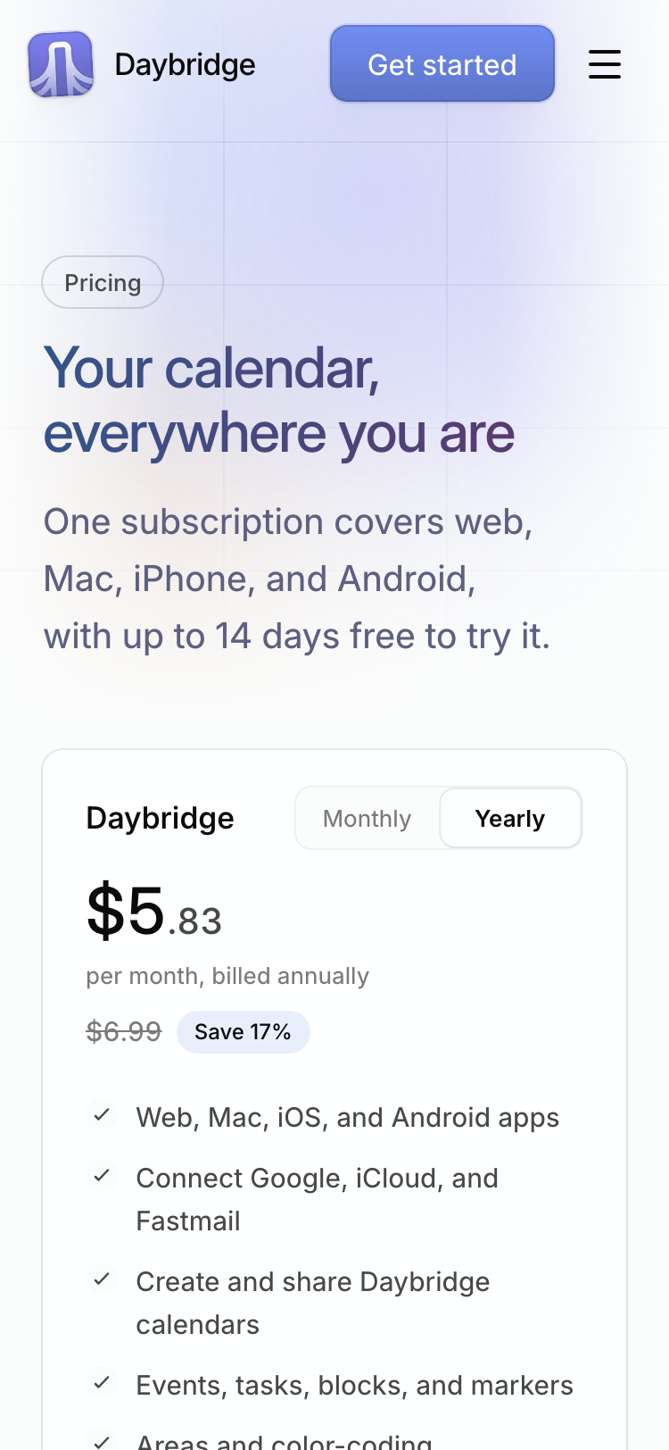 Daybridge · Pricing - mobile