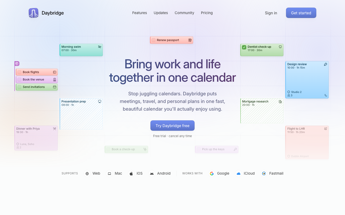 A soft, airy layout using a floating grid of pastel-colored calendar event tiles to frame the central value proposition. The design relies on generous whitespace and rounded corners to create a friendly, non-stressful productivity mood. · pastel saas hero, calendar app landing page, soft ui bento, productivity tool design, airy layout, floating cards hero