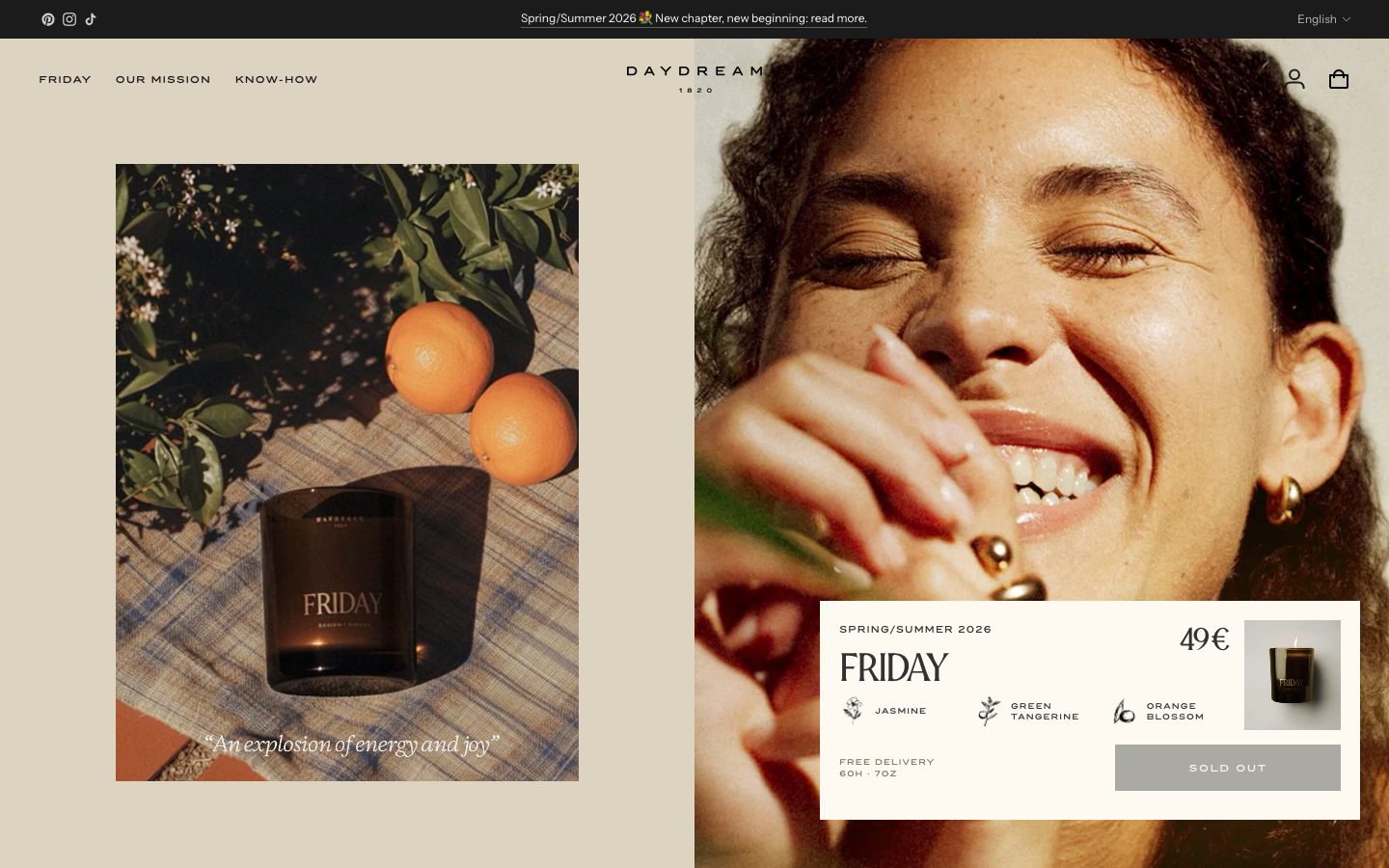 A sophisticated diptych layout using a warm beige backdrop. High-grain lifestyle photography is paired with a clean, white product card featuring elegant serif typography. · luxury candle ecommerce, editorial product page, warm earthy tones, split screen hero, minimalist beauty web design
