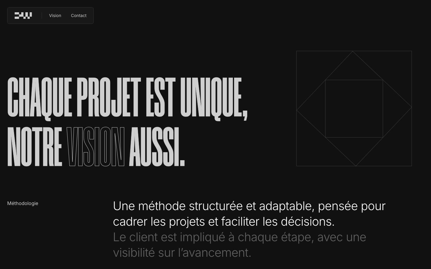 High-contrast dark mode layout featuring ultra-compressed sans-serif display type and a geometric wireframe graphic. The composition relies on extreme typographic scale and generous negative space. · dark agency manifesto, compressed typography, swiss minimalism, geometric wireframe hero, high contrast monochrome