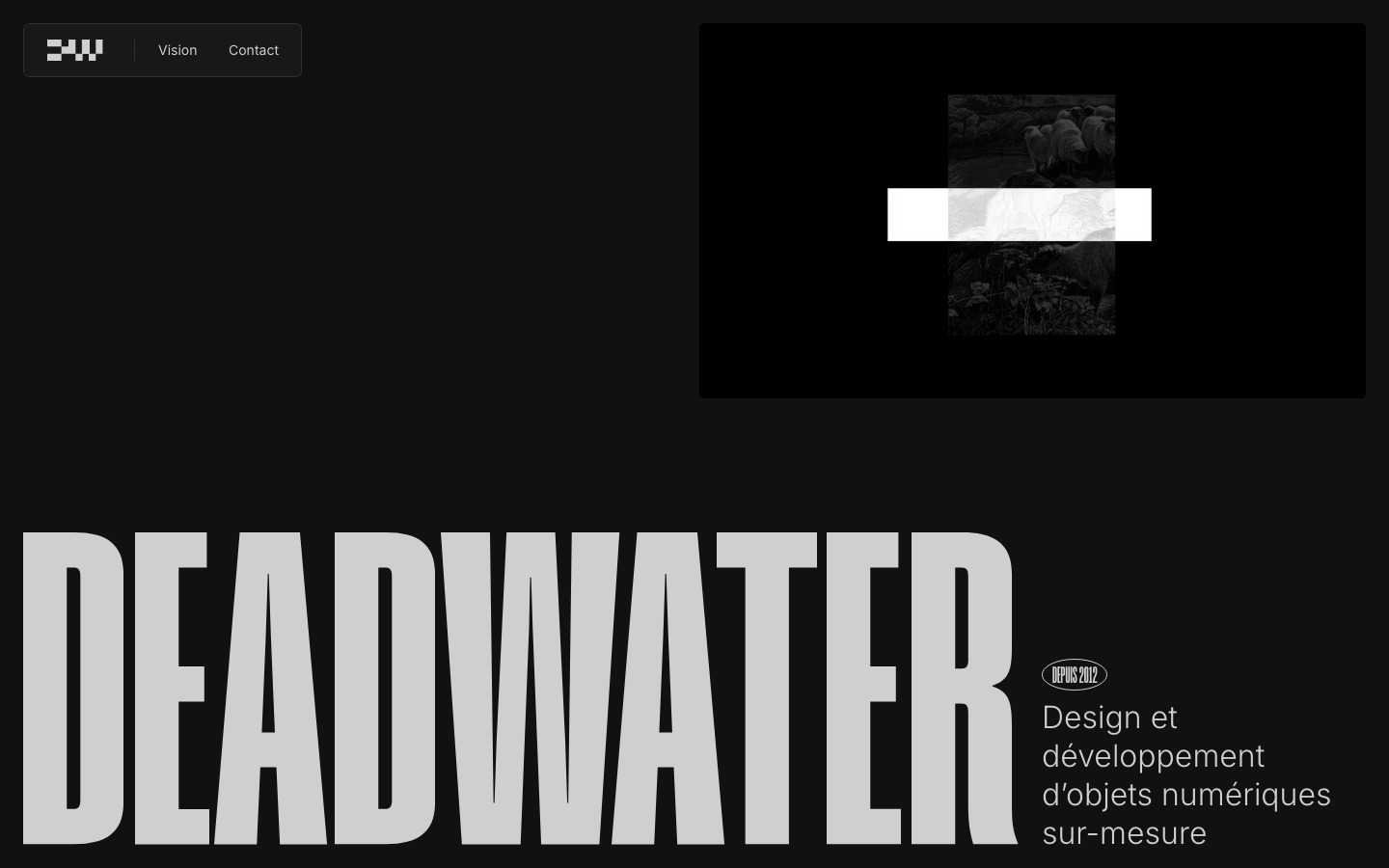 High-contrast monochrome layout featuring an oversized, condensed sans-serif headline that dominates the lower fold. The upper fold utilizes a stark black void with a centered, masked image element. · brutalist agency, monochrome hero, oversized typography, dark mode portfolio, minimalist studio site