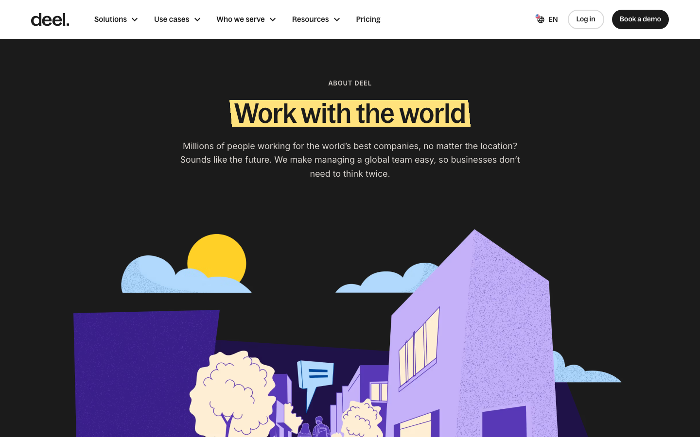 Deel — About - The page uses a stark split, with a bold, graphic image on one side and concise, impactful text on the other. The color palette is limited to deep purples and bright yellows, creating a high-contrast, modern feel.  ·  fintech split screen, dark split studio, modern saas, minimalist fintech, robinhood design, high contrast landing page, tech testimonial, mobile app showcase
