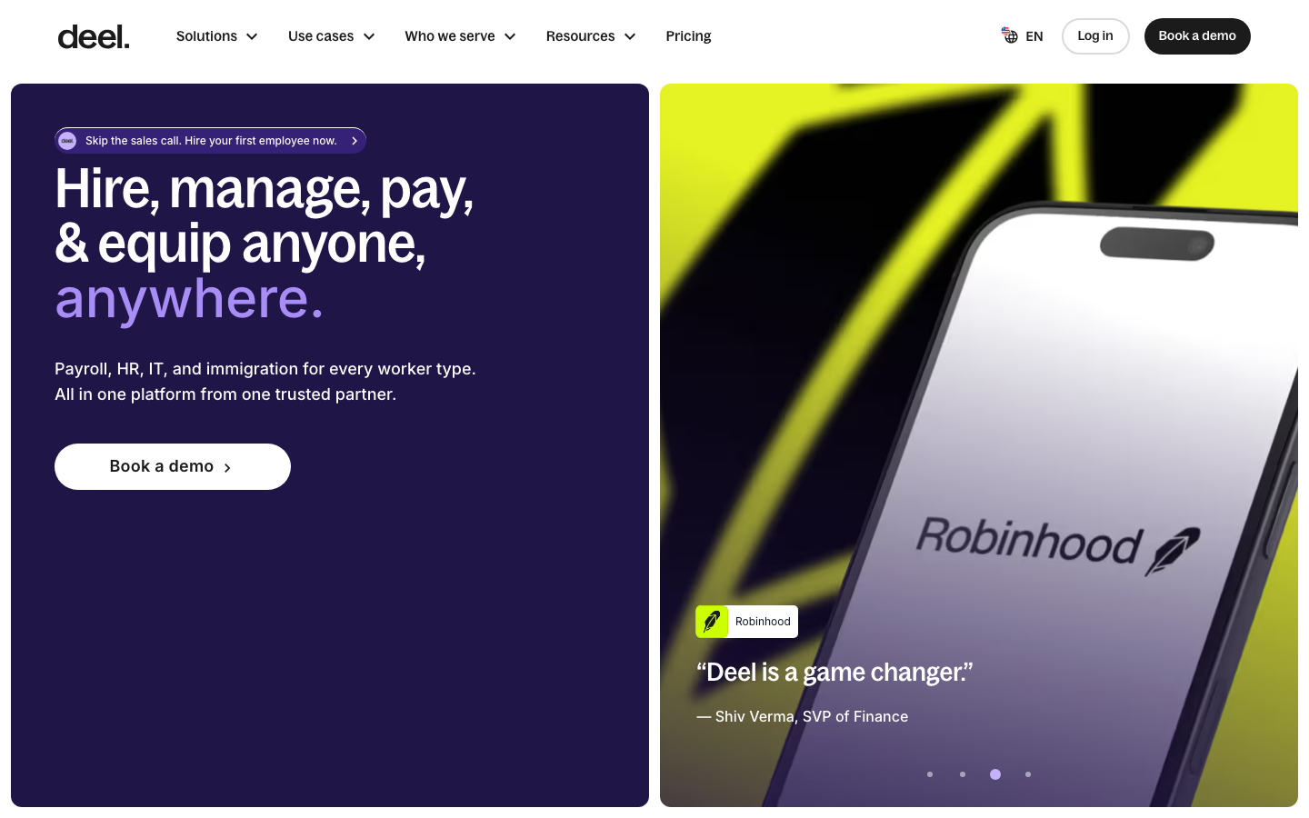 Deel - The page uses a stark split, with a bold, graphic image on one side and concise, impactful text on the other. The color palette is limited to deep purples and bright yellows, creating a high-contrast, modern feel.  ·  fintech split screen, dark split studio, modern saas, minimalist fintech, robinhood design, high contrast landing page, tech testimonial, mobile app showcase