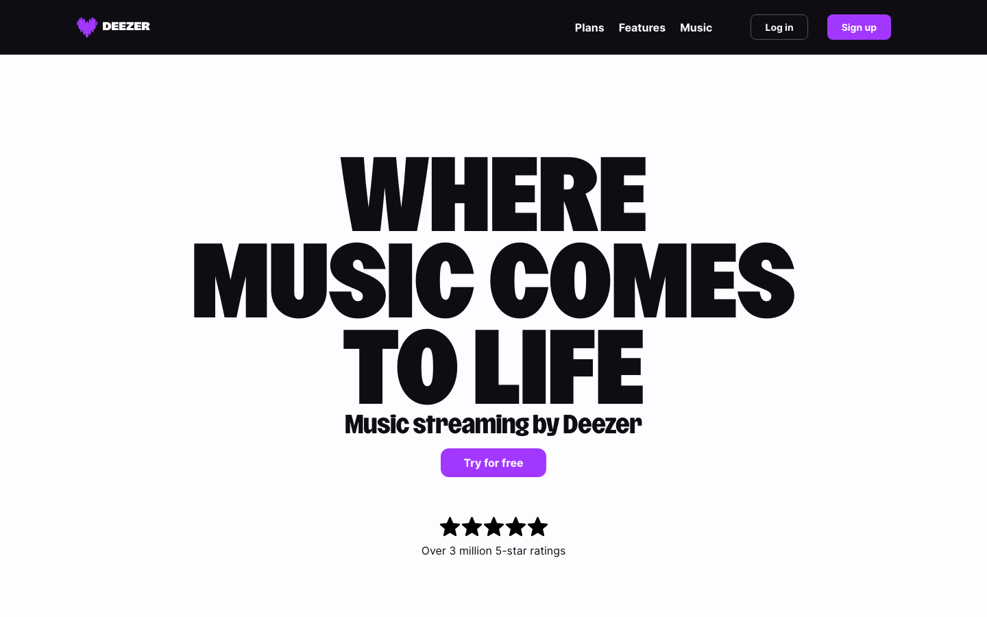 The page uses stark, bold typography and a limited color palette to create a powerful, direct statement. The large headline dominates the viewport, establishing a clear message before any further interaction. · music streaming, audio platform, dark website, bold typography, minimalist design, black and white, deezer branding, music service