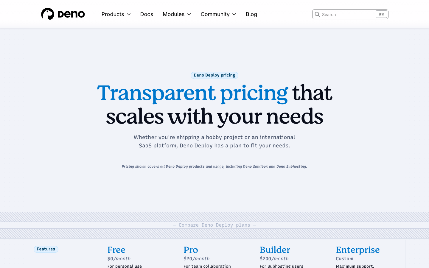 The hero image establishes a calm, focused mood with a stylized illustration. The typography is clean and modern, prioritizing readability. The overall density is low, allowing the visual to breathe. · javascript runtime, developer tools, technical website, dark theme, modern javascript, deno, coding, productivity, minimalist design, developer website