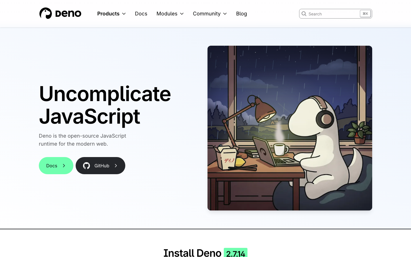 The hero image establishes a calm, focused mood with a stylized illustration. The typography is clean and modern, prioritizing readability. The overall density is low, allowing the visual to breathe. · javascript runtime, developer tools, technical website, dark theme, modern javascript, deno, coding, productivity, minimalist design, developer website