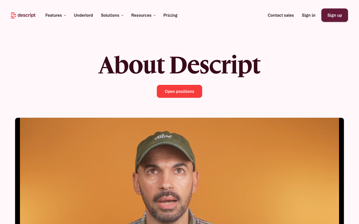 Descript — About - The page prioritizes a strong headline and concise supporting text, using a limited color palette and ample negative space. The overall feel is clean and functional, emphasizing clarity and ease of use.  ·  ai video editing, video editor, descript, dark saas, minimalist interface, video tools, ai tools, video workflow