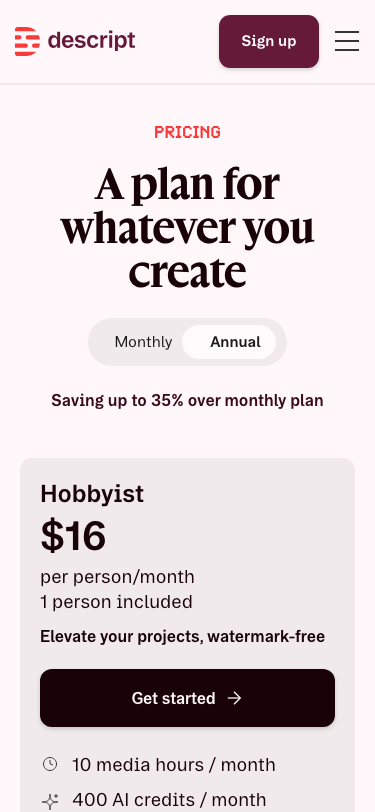 Descript — Pricing - mobile