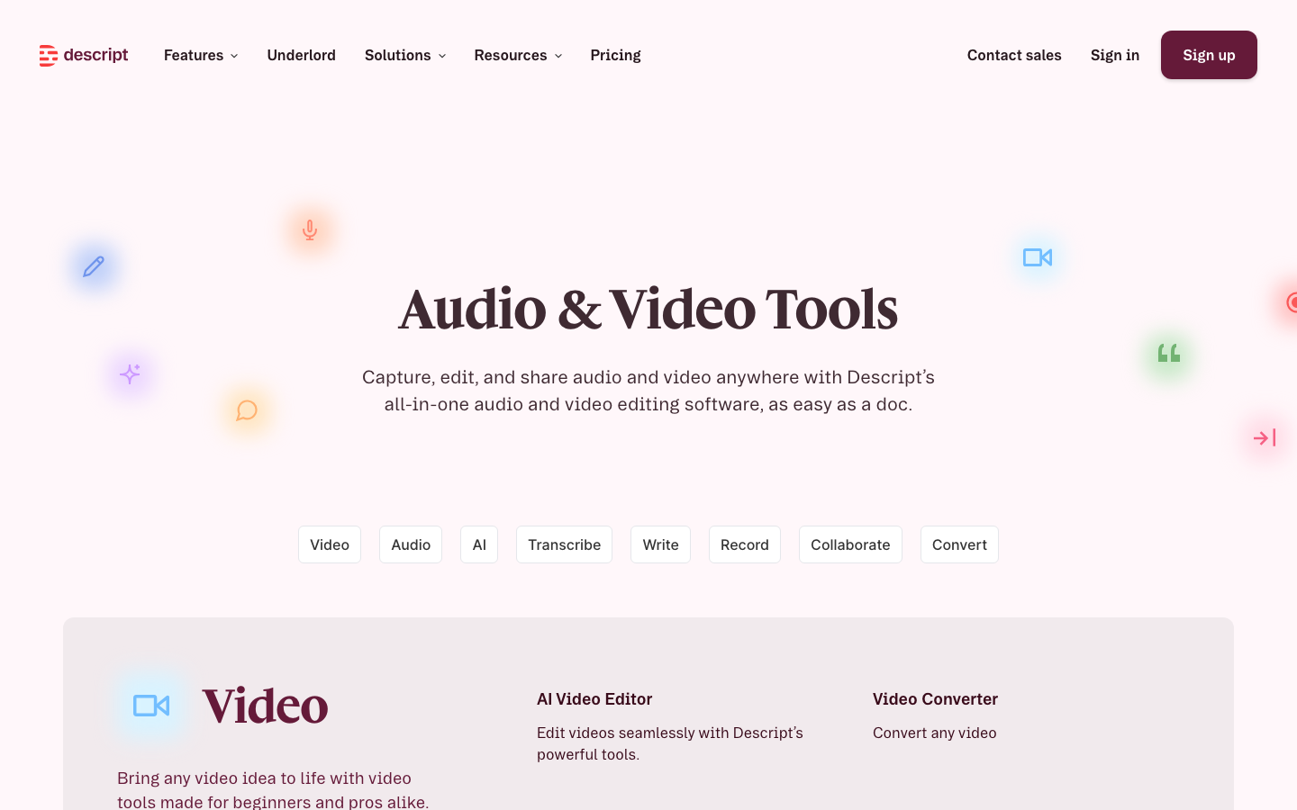 The page prioritizes a strong headline and concise supporting text, using a limited color palette and ample negative space. The overall feel is clean and functional, emphasizing clarity and ease of use. · ai video editing, video editor, descript, dark saas, minimalist interface, video tools, ai tools, video workflow