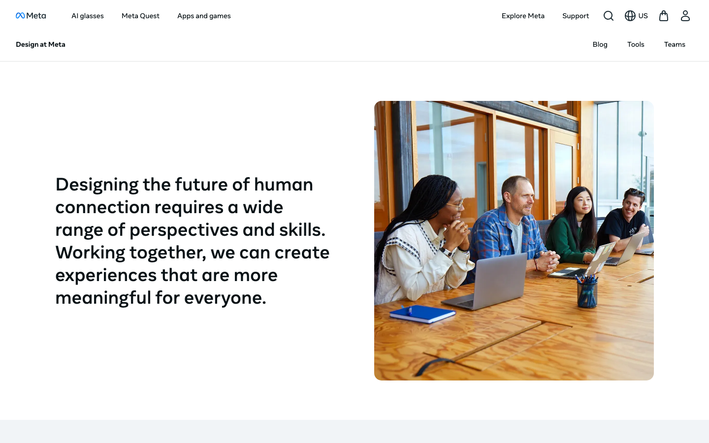 Design Facebook - The page uses a clean, spacious layout with a large hero image and concise text blocks. Typography is clean and legible, with ample negative space contributing to a sense of clarity and professionalism. The overall mood is serious and focused.  ·  design system, ui design, product design, design agency, facebook design, teamwork, collaboration