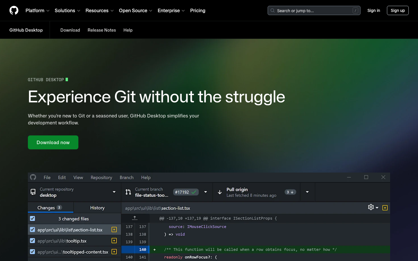 The page prioritizes functionality and clarity with a dark, high-contrast palette. The focus is on the code editor, with a subtle hero section introducing the product's core value proposition. Visual density is moderate, emphasizing content over ornamentation. · dark saas, developer tools, code editor, git client, minimal dark, technical landing, saas product, github desktop