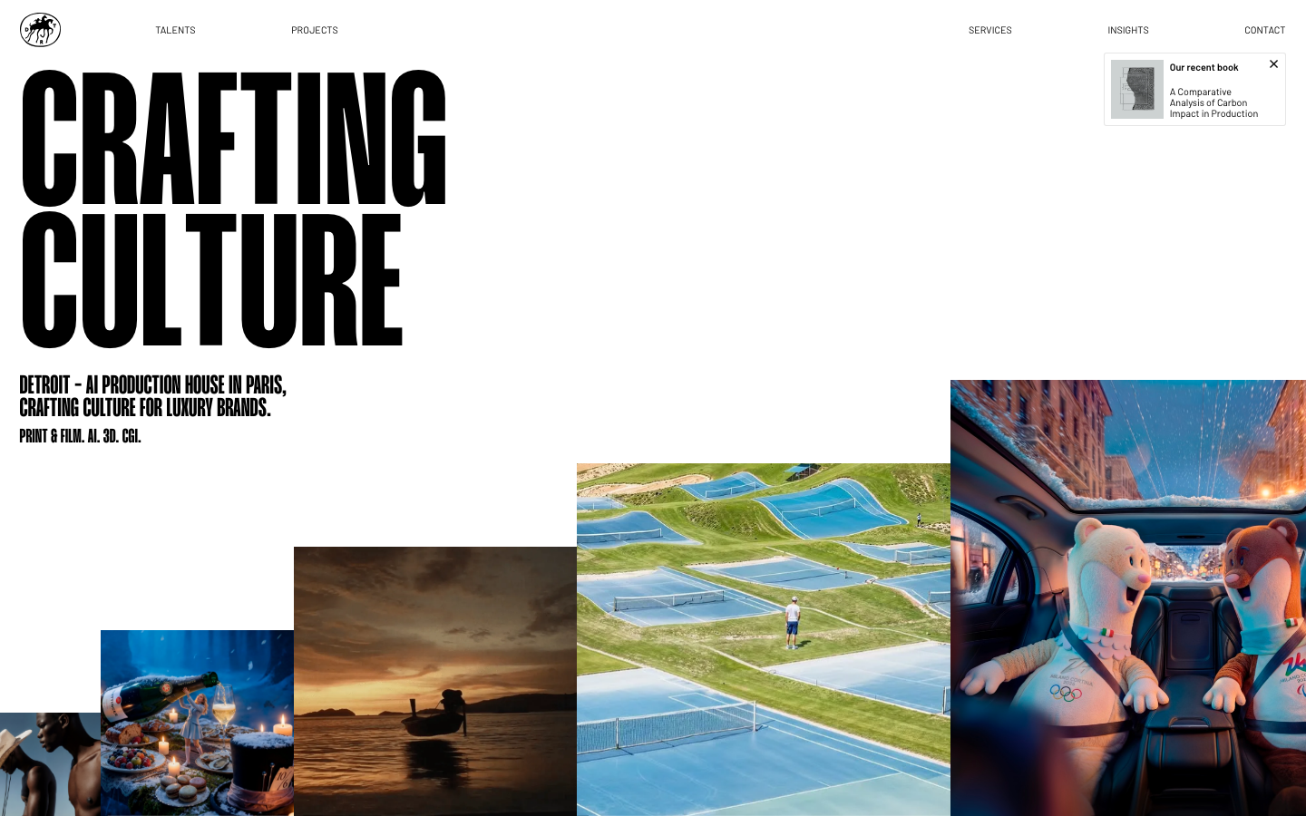 Detroit | AI Production House in Paris for Luxury Brands - Detroit is an AI production house in Paris crafting visual culture for luxury brands. Detroit produces images, films and campaigns.  ·  minimalism, editorial, agency, ai, media, hero-fullbleed, logo-cloud