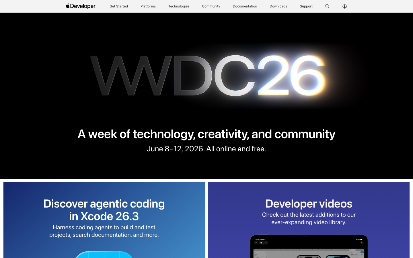 The page uses a stark, high-contrast split-screen layout. The left side features a prominent call to action, while the right showcases developer videos. Typography is clean and functional, prioritizing clarity over ornamentation. · developer website, apple developer, coding platform, developer portal, tech website, developer tools, wdc26, developer videos