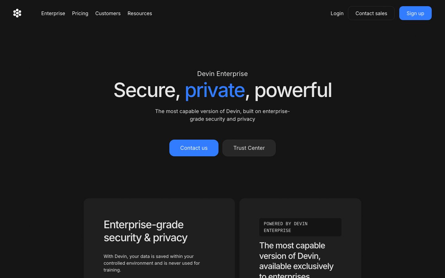 Devin - The page prioritizes a clean, functional layout with a prominent hero section and a left-side navigation. The design uses a dark color palette and a straightforward typographic hierarchy, emphasizing clarity and efficiency.  ·  ai developer tools, saas dark theme, technical website, code interface, minimalist ai, developer platform, dark mode saas, ai workspace