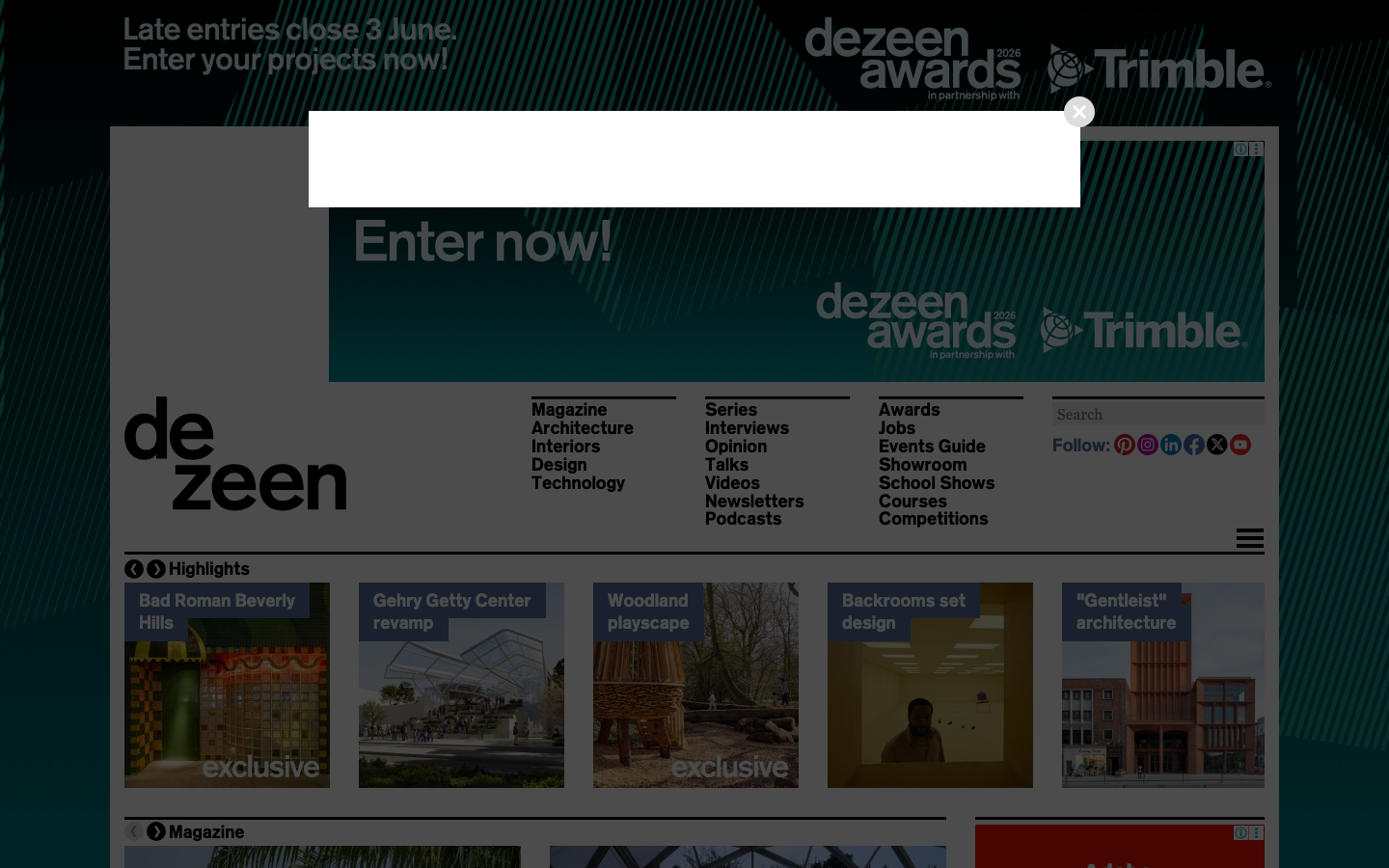 Dezeen | architecture and design magazine - Dezeen is the world's most influential architecture, interiors and design magazine.  ·  editorial, swiss, media, logo-cloud, hero-with-cta, blog-grid