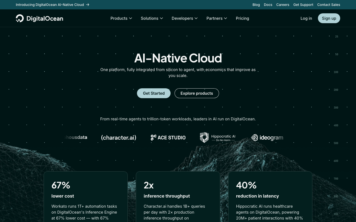 Digitalocean - The page uses a dark, high-contrast palette with bold typography and clean spacing to highlight key metrics. The layout is structured around prominent stat strips, emphasizing data-driven value propositions.  ·  ai cloud, developer platform, cloud infrastructure, data analytics, performance metrics, technical website, dark ui, saas landing page