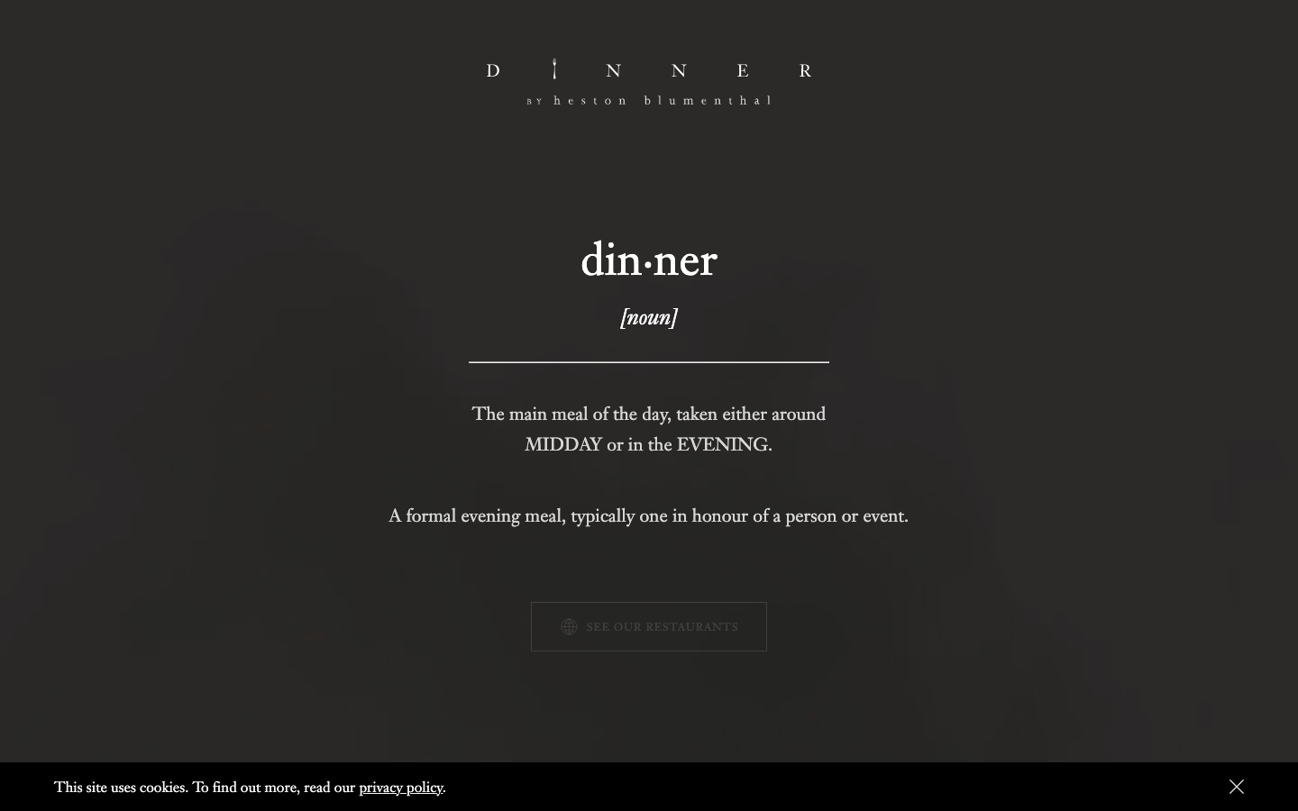 Dinnerbyheston - The page prioritizes typography and a restrained layout. The stark contrast and limited color palette create a sense of quiet authority, emphasizing the textual content as a carefully crafted object.  ·  fine dining typography, restaurant website design, editorial food site, minimalist restaurant, dark typography, luxury dining, food branding, restaurant homepage, typography focused website, dark mode restaurant