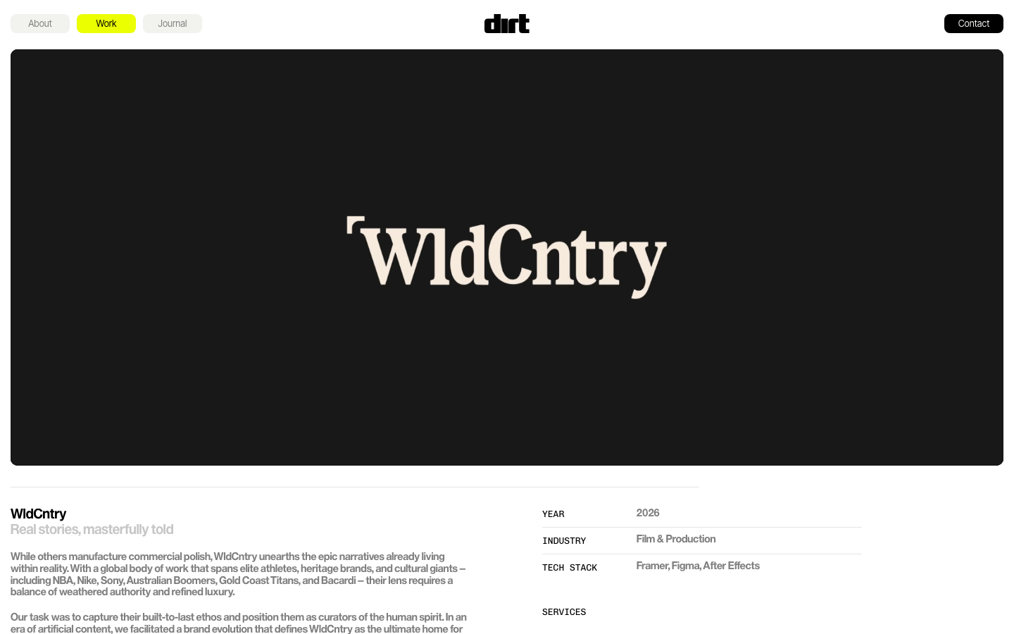 High-contrast layout featuring a massive dark cinematic hero followed by a clean, asymmetric editorial grid. The typography balances a bold display serif with a structured, tabular data section. · editorial agency case study, minimalist portfolio layout, high contrast cinematic hero, luxury media agency, asymmetric project details