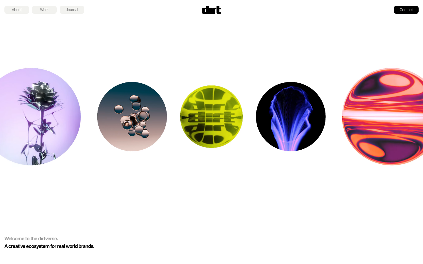 High-contrast white void featuring a horizontal row of surreal, circular 3D renders. Minimalist navigation and a stark, sans-serif typographic footer create a gallery-like atmosphere. · creative agency hero, 3d abstract gallery, minimalist white layout, futurist portfolio, surrealist web design