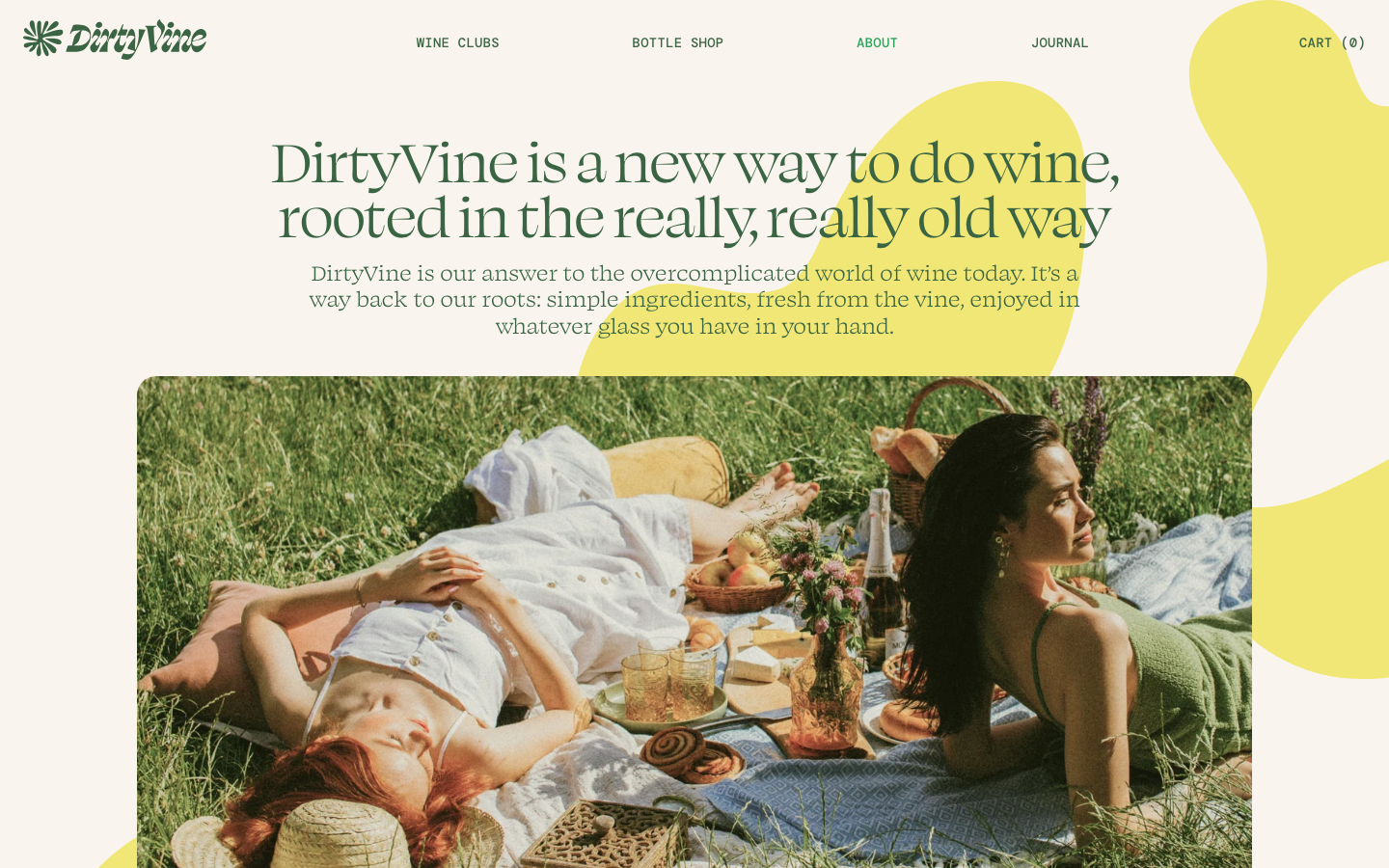 A soft, organic layout featuring a high-contrast serif headline and fluid, lemon-yellow abstract shapes that break the grid. The composition balances airy white space with a lush, lifestyle photograph. · organic shapes, editorial wine site, serif typography, lifestyle ecommerce, soft earthy palette, modern winery design