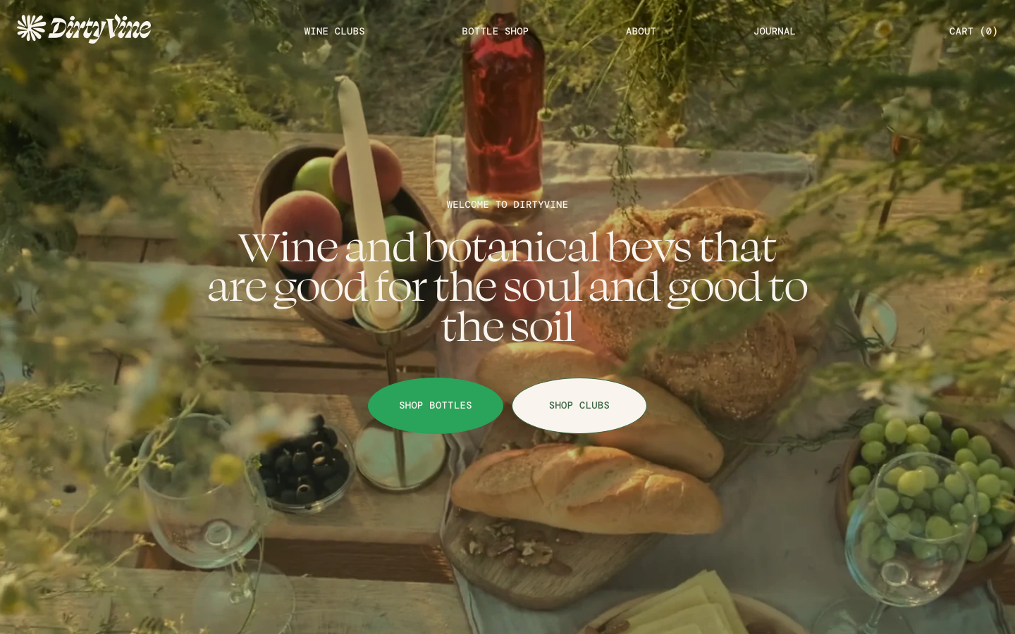 Full-bleed lifestyle photography paired with a soft serif typeface. The layout uses a centered typographic lockup and pill-shaped buttons to maintain a rustic yet refined editorial feel. · rustic ecommerce hero, editorial wine website, earthy lifestyle landing page, serif typography hero, organic food beverage design