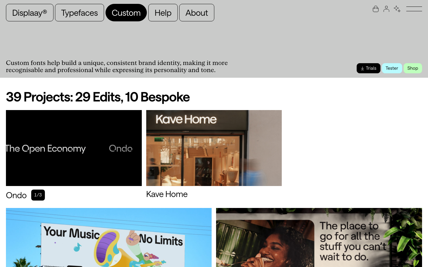 The page prioritizes typographic hierarchy and ample negative space. The bold, impactful headline dominates, establishing a strong visual presence with a clean, functional layout.   ·  type foundry, typography showcase, font design, display fonts, type specimen, modern typography, geometric fonts, headline fonts, design system, font samples