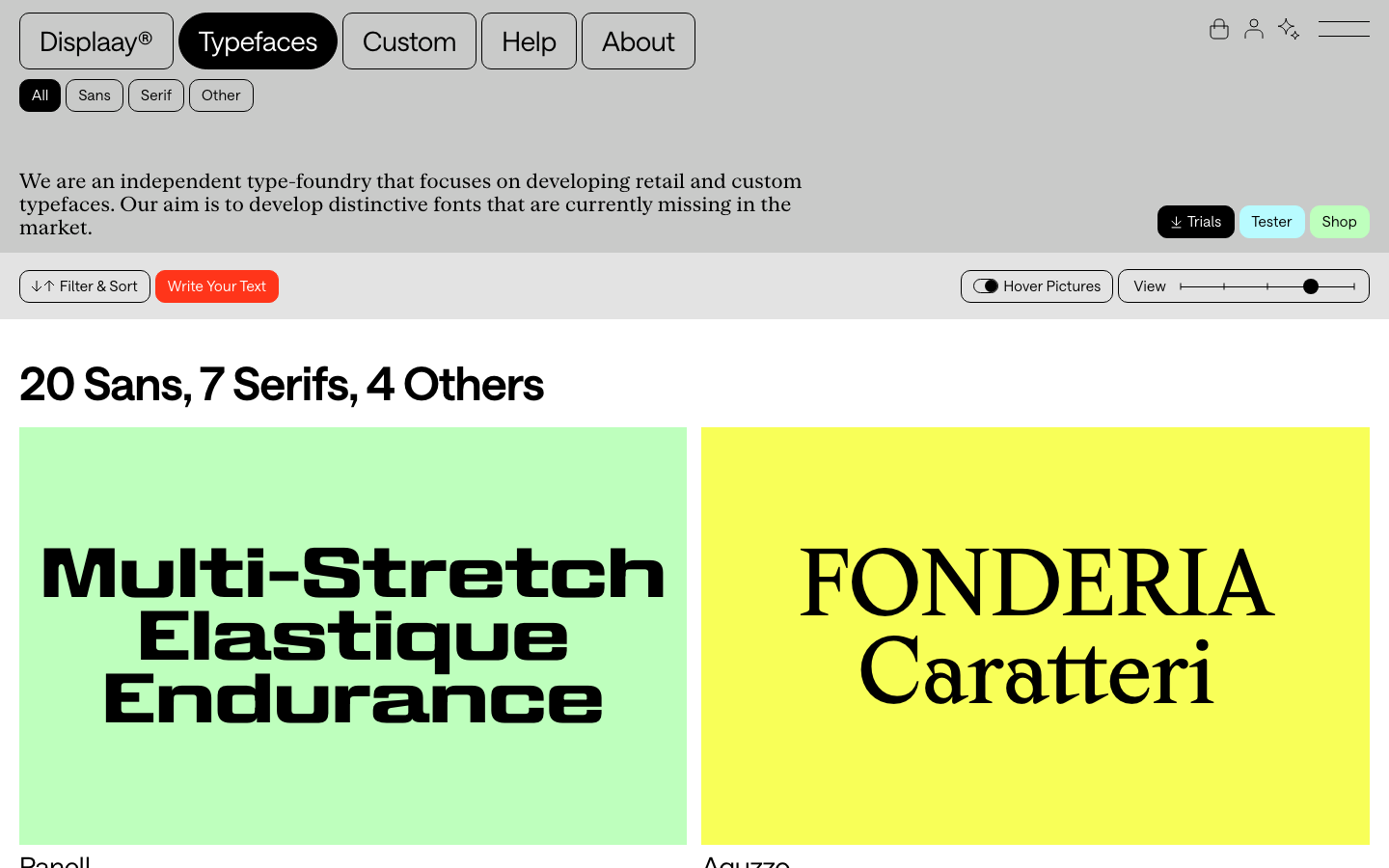 The page prioritizes typographic hierarchy and ample negative space. The bold, impactful headline dominates, establishing a strong visual presence with a clean, functional layout.   ·  type foundry, typography showcase, font design, display fonts, type specimen, modern typography, geometric fonts, headline fonts, design system, font samples