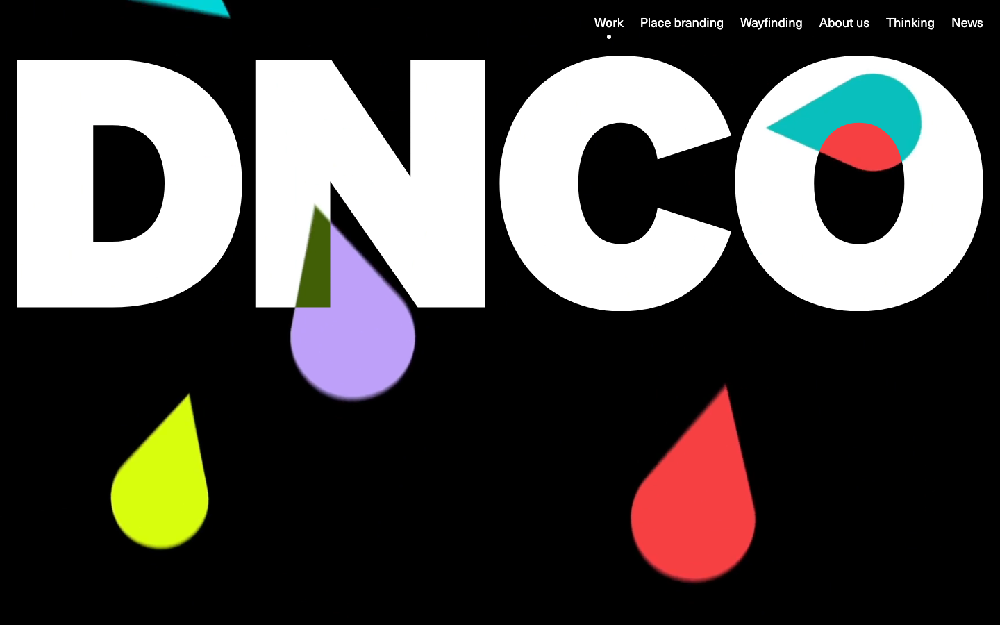 High-impact typographic hero featuring oversized white sans-serif characters on a black background, punctuated by colorful, organic teardrop shapes. · bold typography hero, agency landing page, high contrast dark mode, swiss style agency, graphic design portfolio hero