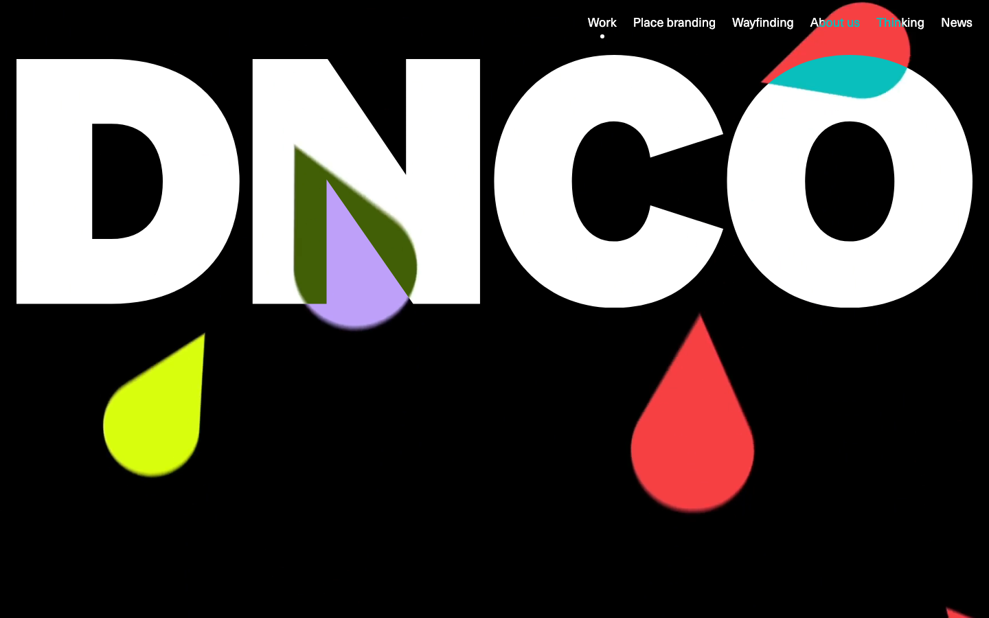 High-impact typographic hero featuring massive white sans-serif characters on a black background, punctuated by colorful, organic droplet shapes. · bold typography hero, dark mode agency, swiss style branding, high contrast web design, graphic design studio landing